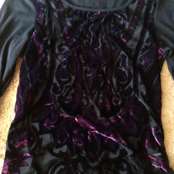 Vintage Style & Co Black 3/4 Sleeve Sheer Top with Dark Purple Velvet and Dots - Picture 2 of 6